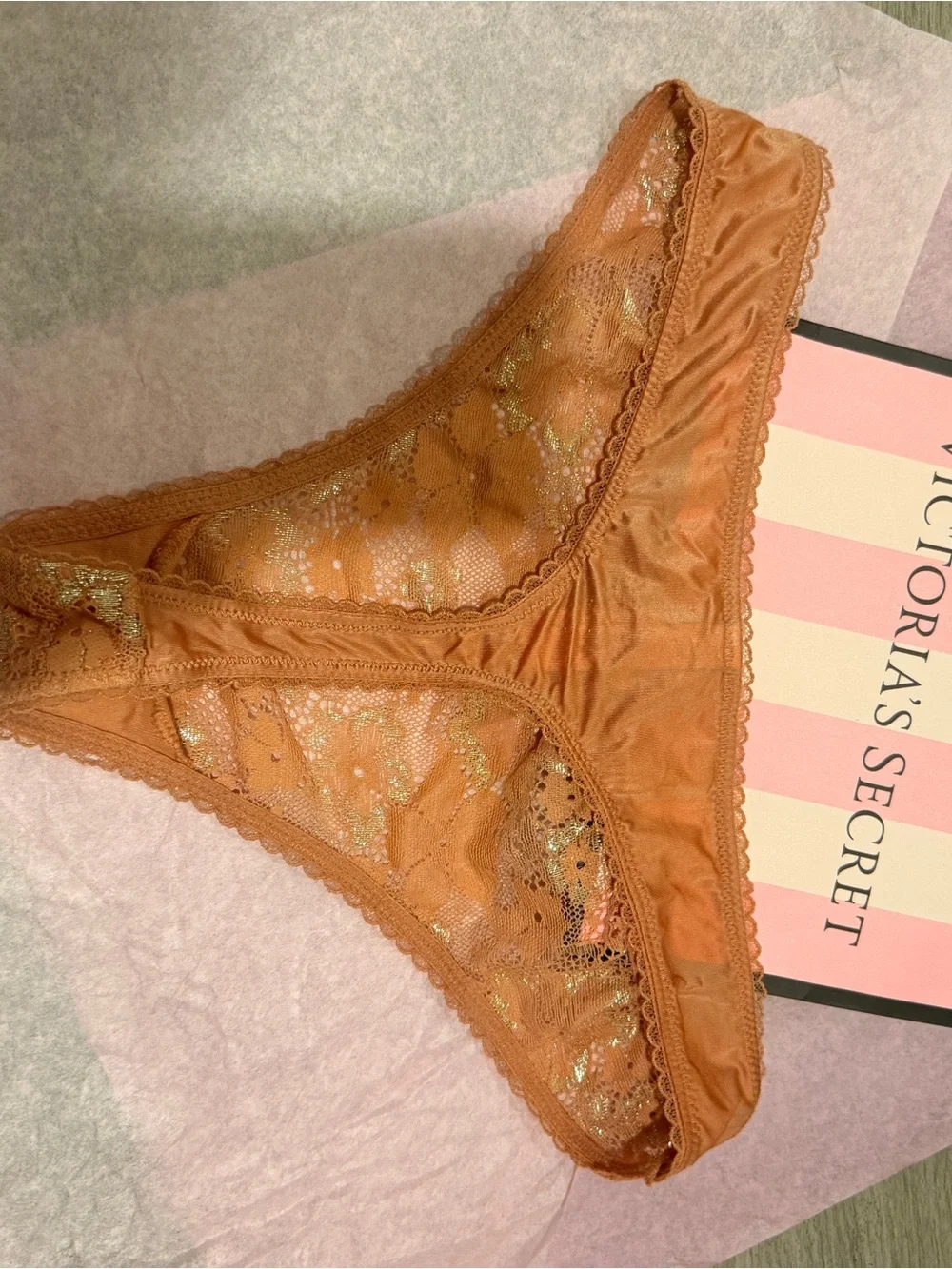 New Victorias Secret BODY by VICTORIA Lace Front Thong Panty Copper & Gold M